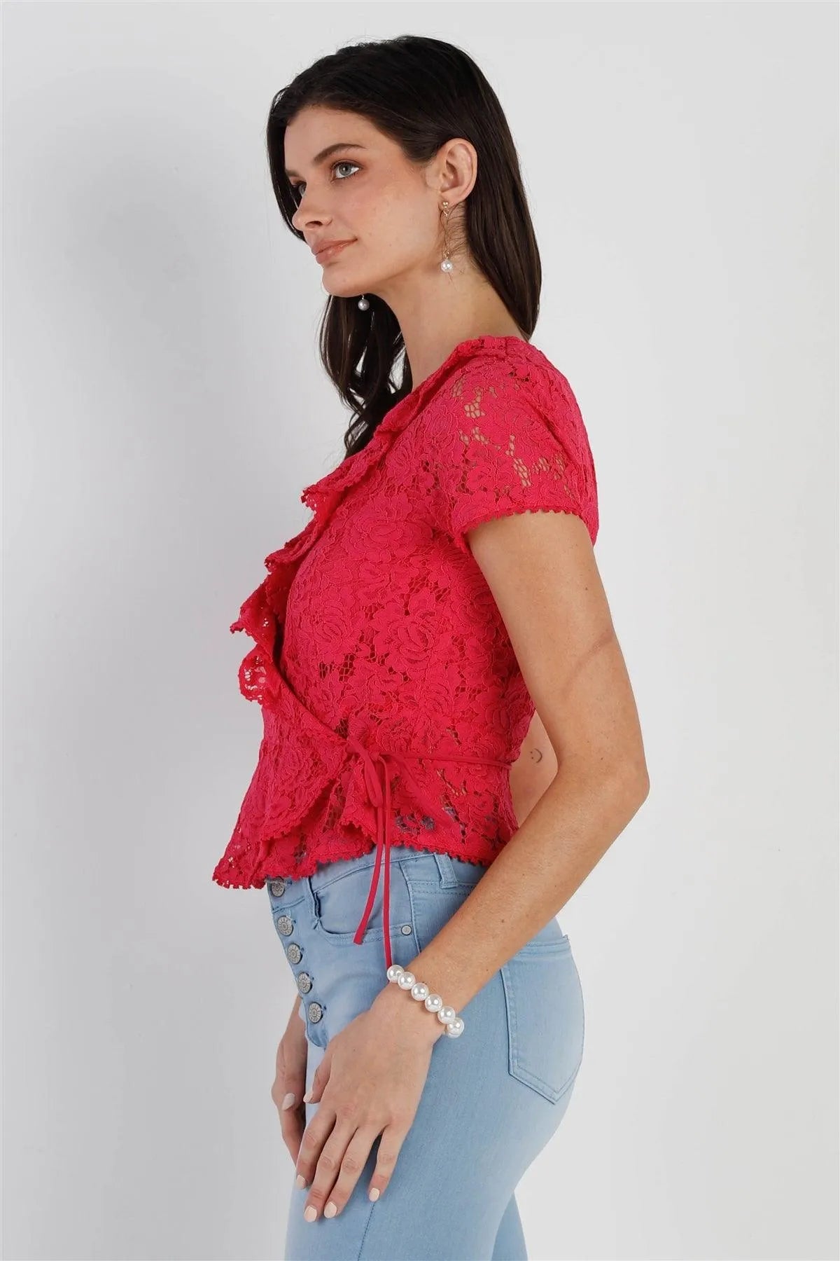 Fuchsia Cotton Floral Lace Ruffle Trim Wrap Top /1-3-2 - Tasha Apparel Wholesale