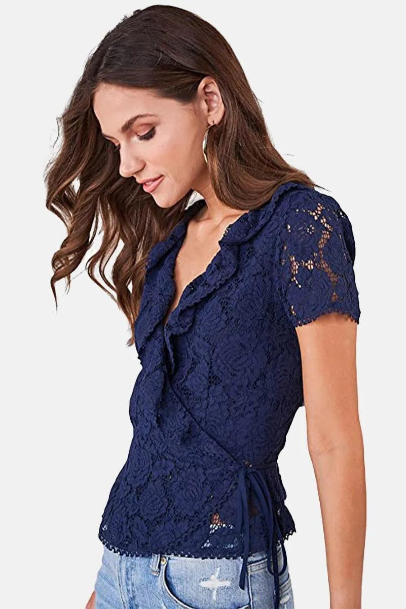 Navy Cotton Floral Lace Ruffle Trim Wrap Top - Tasha Apparel Wholesale