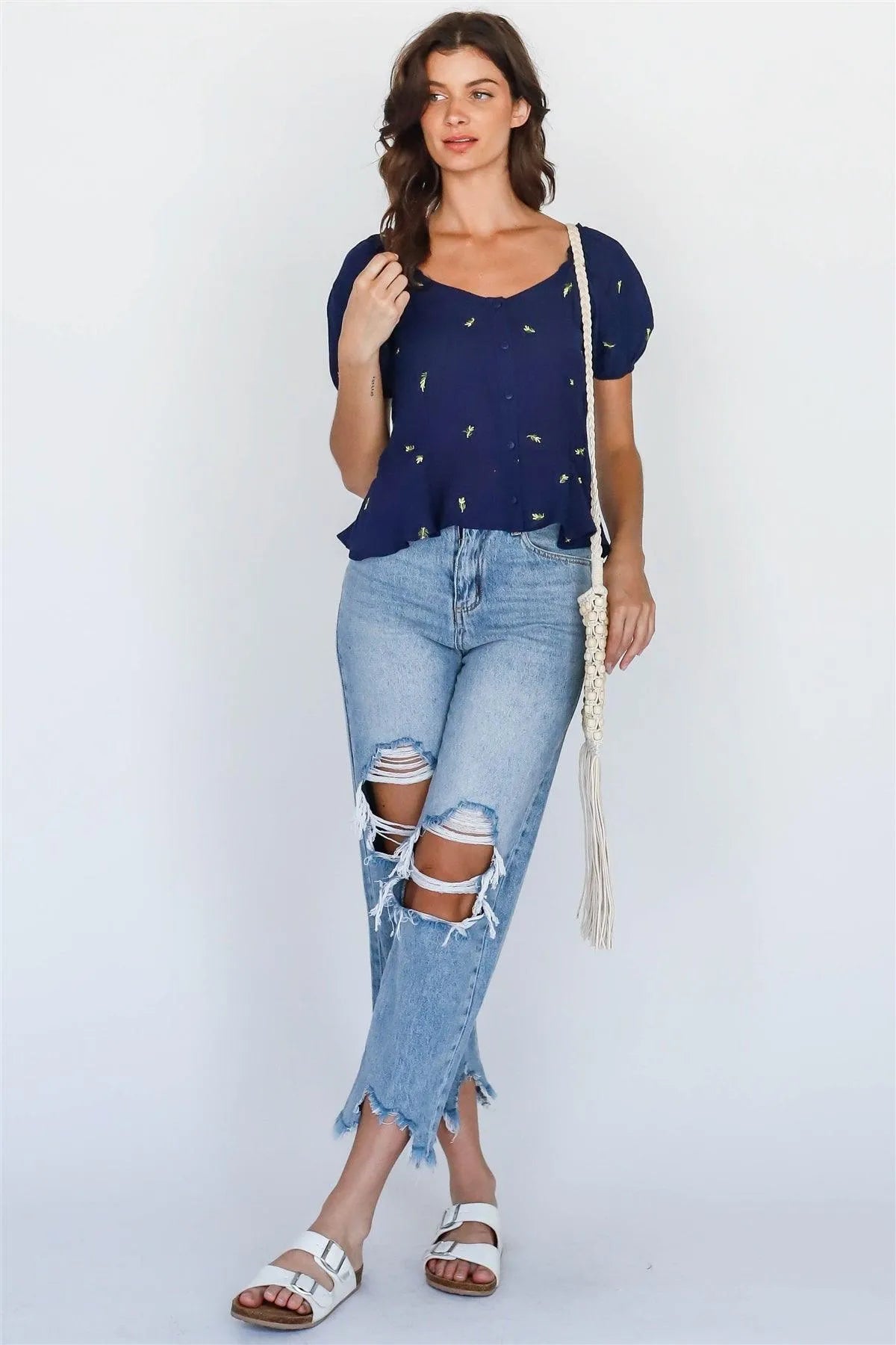 Navy Textured Button-Up Short Sleeve Top /1-2-2-1 - Tasha Apparel Wholesale