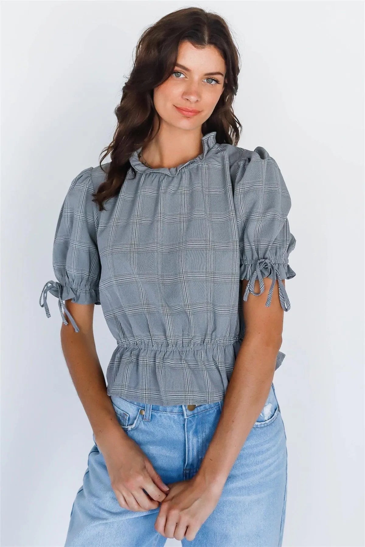 Grey Plaid Ruffled Mock Neck Balloon Short Sleeve Back Cut-Out Crop Top - Tasha Apparel Wholesale