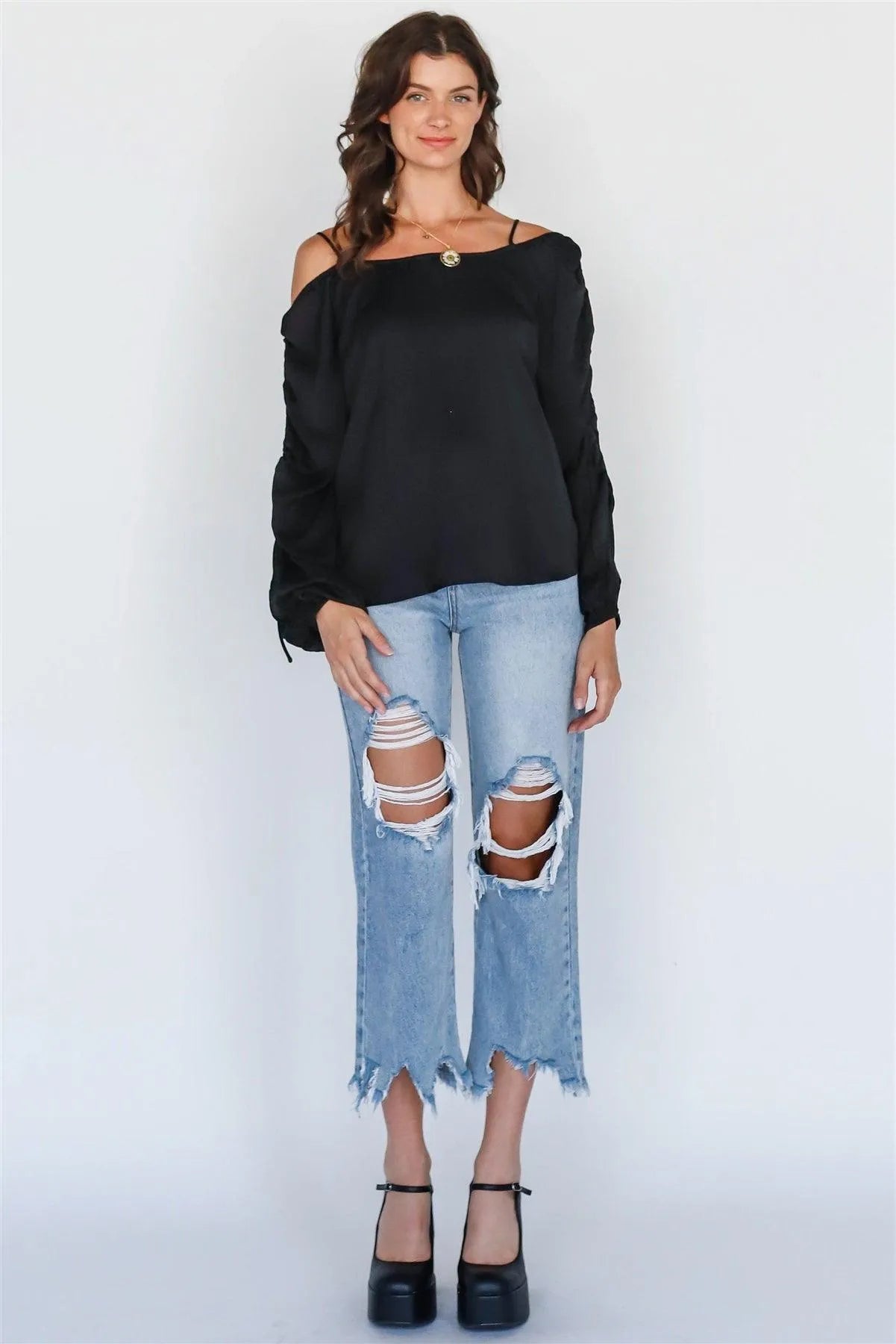 Black Off-The-Shoulder Ruched Long Sleeve Top - Tasha Apparel Wholesale