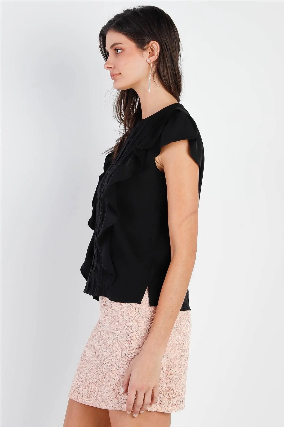 Black Embroidery & Ruffle Detail Flare Sleeve Top /1-3-2 - Tasha Apparel Wholesale