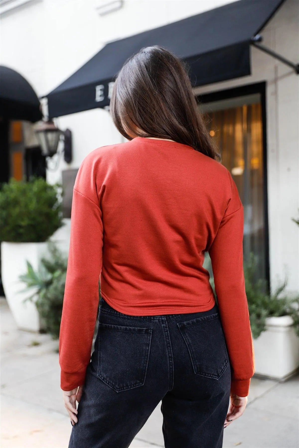 Terracotta Front Belt Detail Cropped Long Sleeve Top /2-2-2 - Tasha Apparel Wholesale
