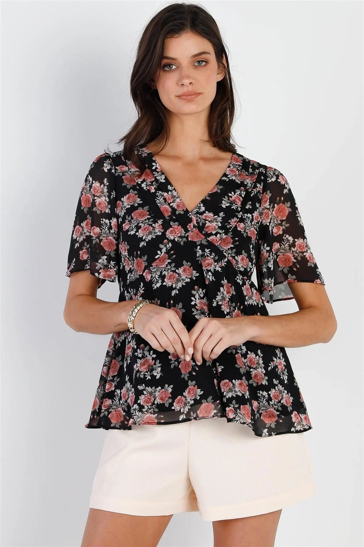 Black Floral Print Flare Hem Top /2-3-2 - Tasha Apparel Wholesale