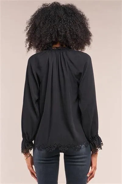 Black Long Balloon Sleeve Loose Fit Front Draw String Tie Laser Cut Out Flounce Top /1-2-2-1 - Tasha Apparel Wholesale