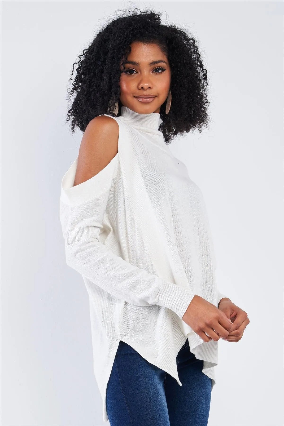 Cream Peek-A-Boo Shoulder Turtle Neck Sweater /4-2 - Tasha Apparel Wholesale
