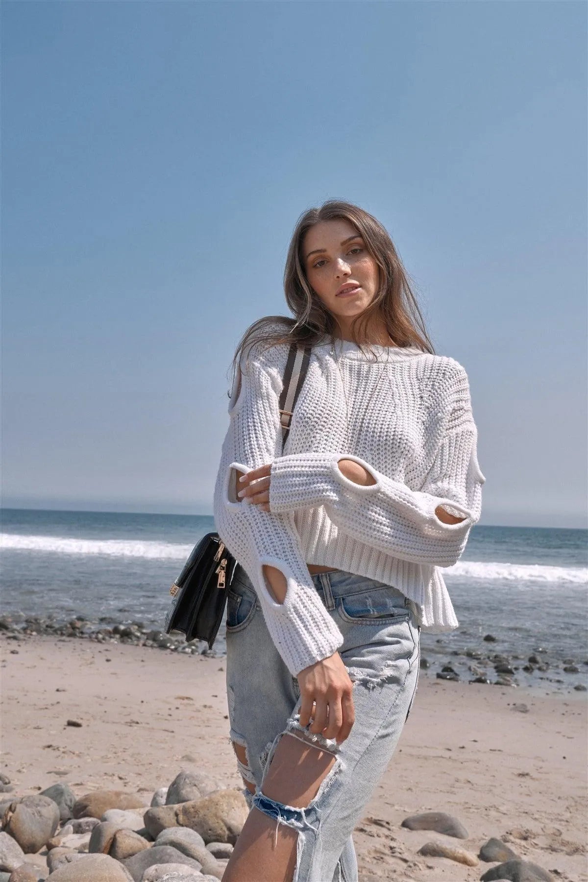 Cozy Days White Round Neck Long Cut-Out Detail Sleeve Cable Knit Cropped Sweater /4-2 - Tasha Apparel Wholesale