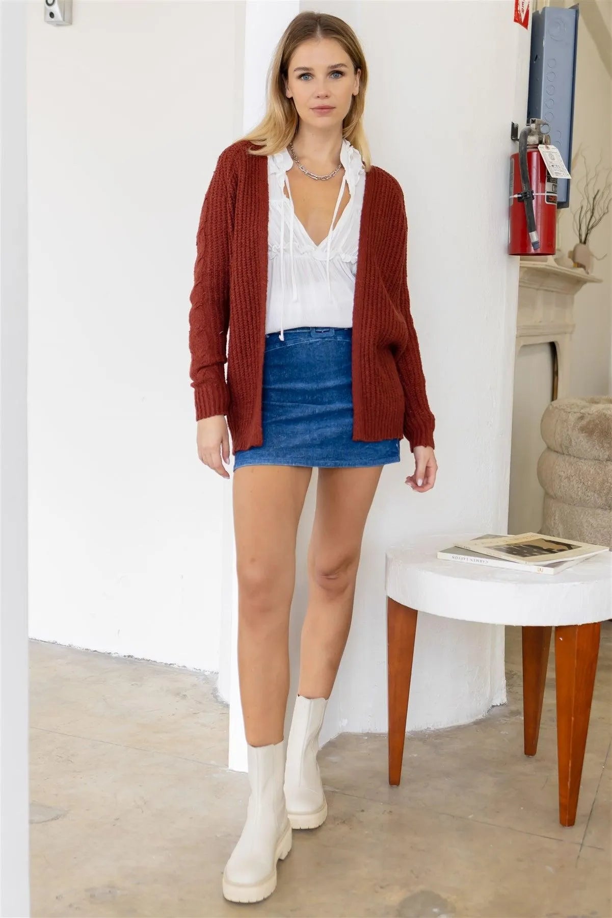 Brick Open Front Cable-Knit Long Sleeve Cardigan /2-2-2 - Tasha Apparel Wholesale