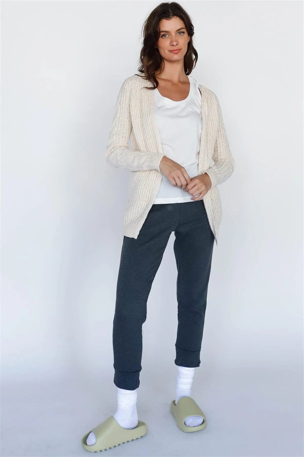 Ivy-Ecru Open Front Cable-Knit Long Sleeve Cardigan /2-3 - Tasha Apparel Wholesale