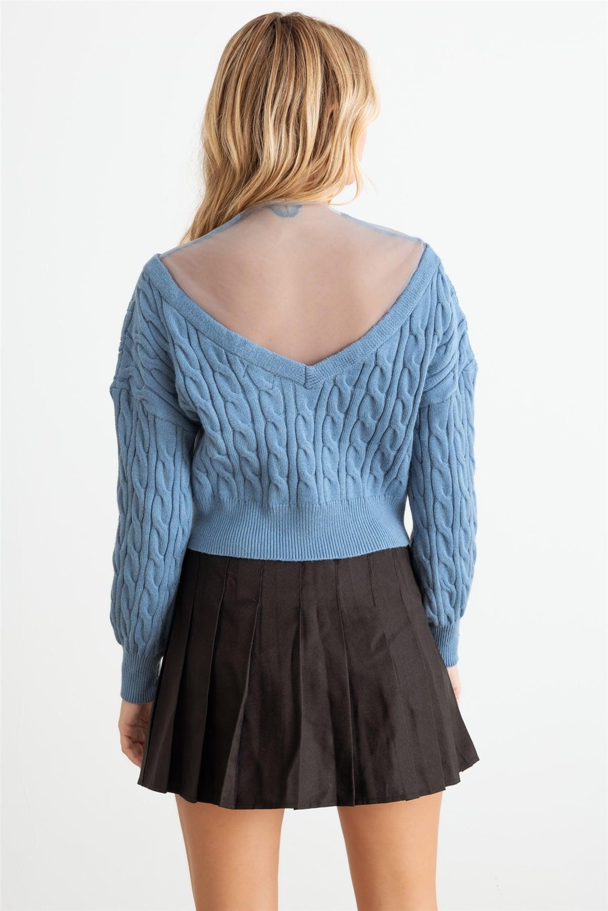 Blue Cable Knit & Mesh Rhinestone Button-Up Sweater/Cardigan /2-2-2