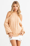 Honey Cable Knit Mock Neck Cold Shoulder Long Sleeve Sweater /2-2-2