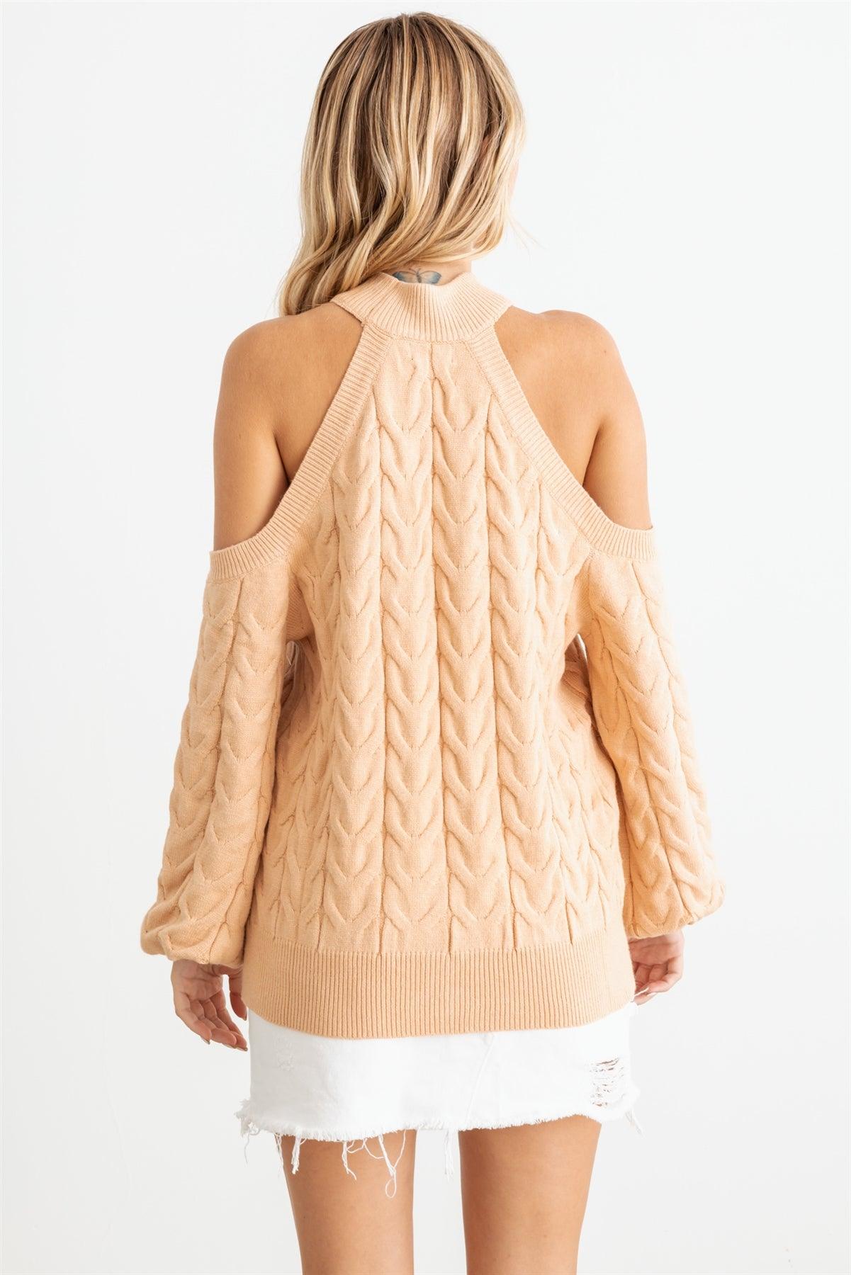 Honey Cable Knit Mock Neck Cold Shoulder Long Sleeve Sweater /2-2-2