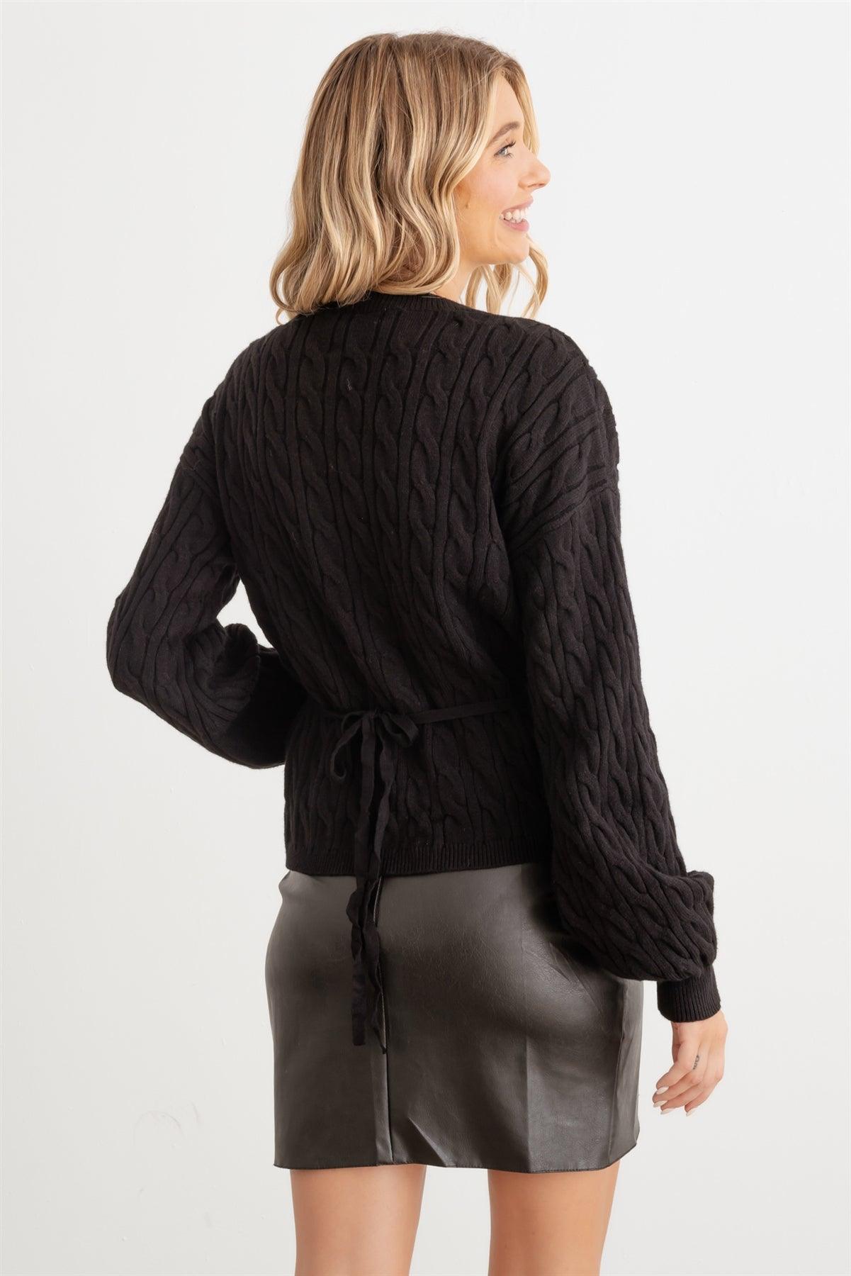 Black Cable Knit Wrap Tie Long Sleeve Sweater/Cardigan /2-2-2