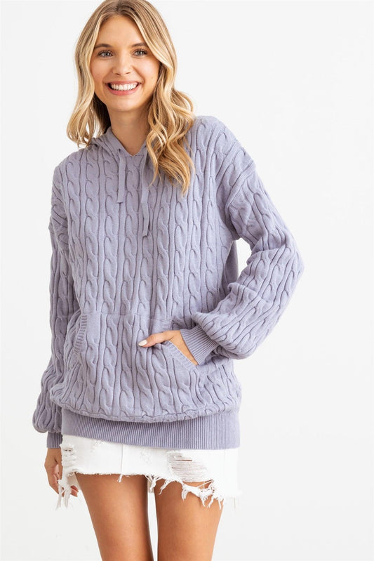 Slate Cable Knit One Pocket Long Sleeve Hooded Top /2-2-2