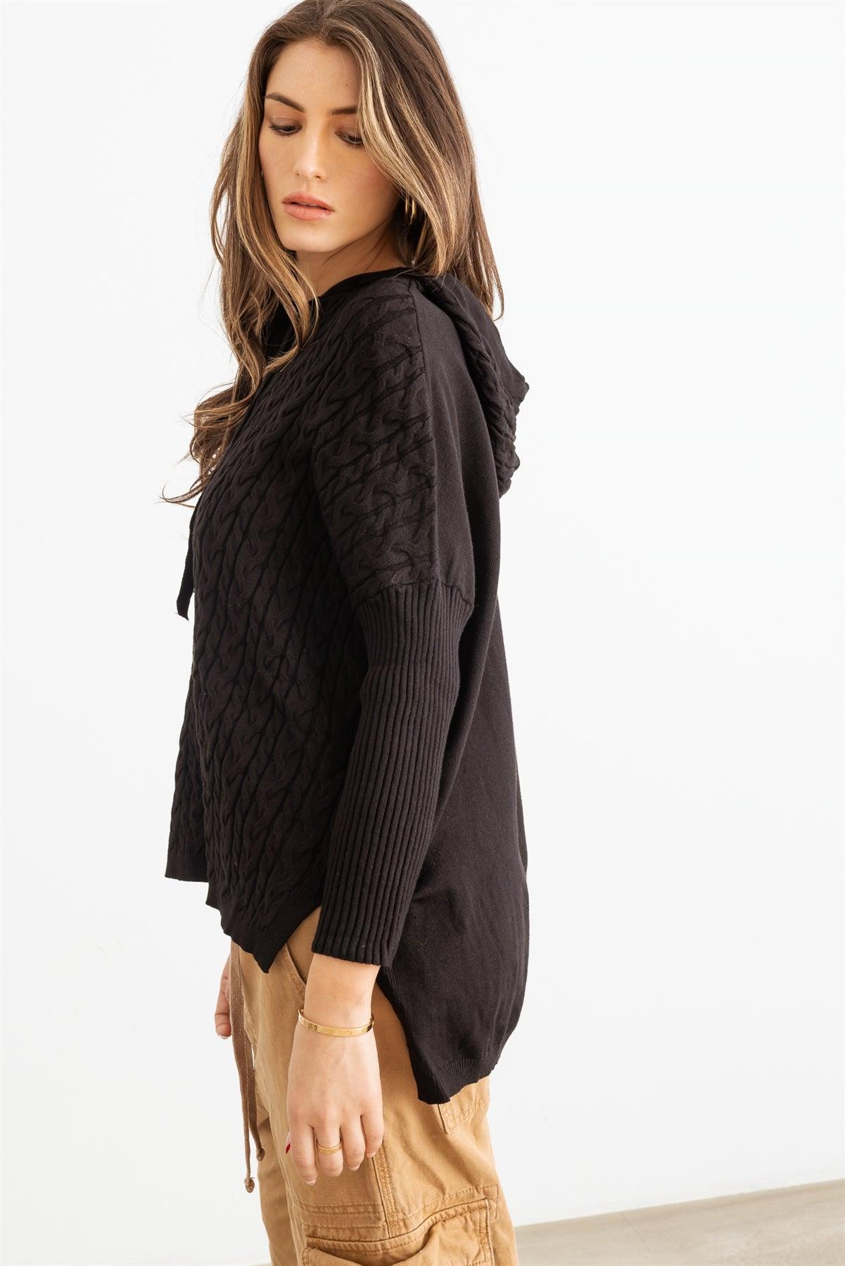 Black Cable Knit Long Sleeve Hooded Sweater /2-2-2