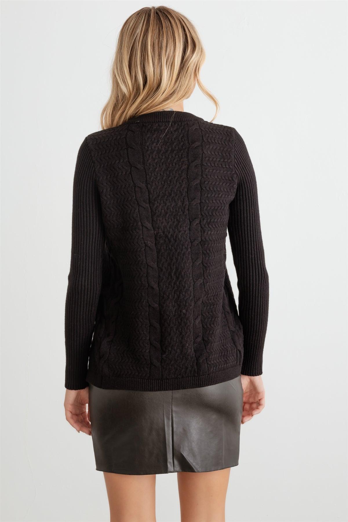 Black Cable Knit Sleeveless Crop Top & Front Slit Long Sleeve Crew Neck Cardigan Set /2-2-2