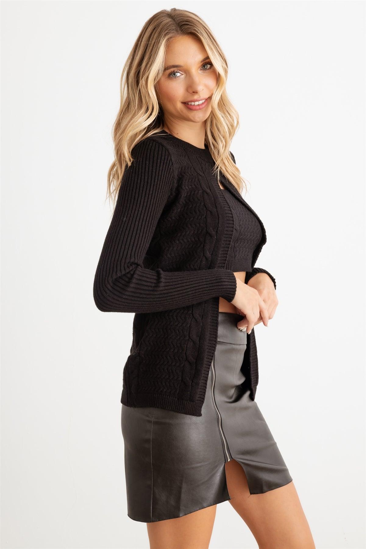 Black Cable Knit Sleeveless Crop Top & Front Slit Long Sleeve Crew Neck Cardigan Set /2-2-2