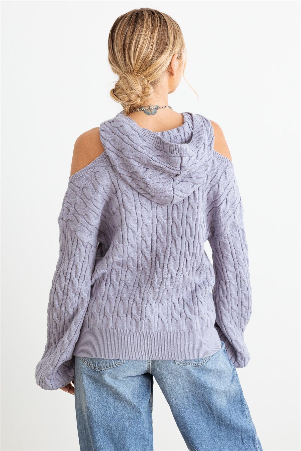 Slate Cable Knit One Pocket Cold Shoulder Hooded Sweater /2-2-2