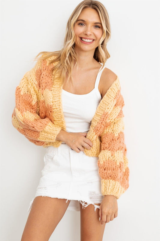 Yellow & Peach Knit Long Sleeve Open Front Sweater/Cardigan /2-2-2