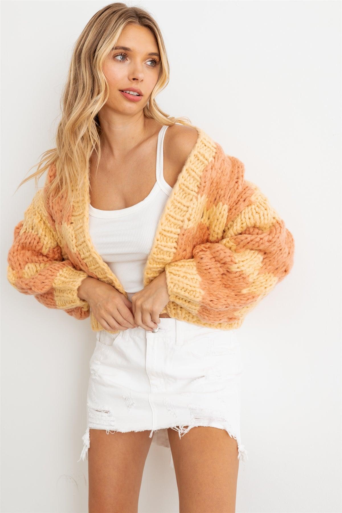 Yellow & Peach Knit Long Sleeve Open Front Sweater/Cardigan /2-2-2