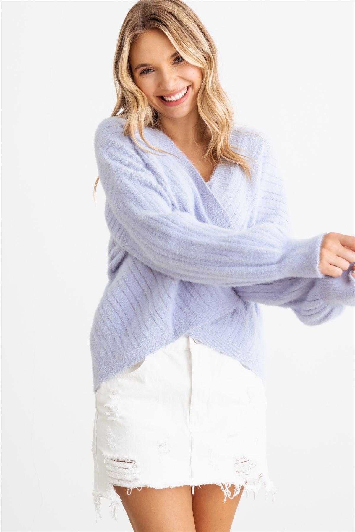 Lilac Ribbed Fuzzy Knit Wrap Long Sleeve Sweater/Cardigan /2-2-2