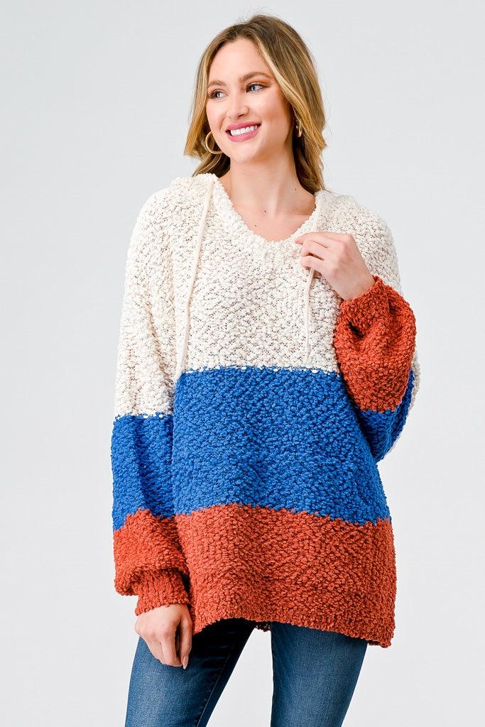 Multi Color Block Knit One Pocket Hooded Sweater /2-2-2