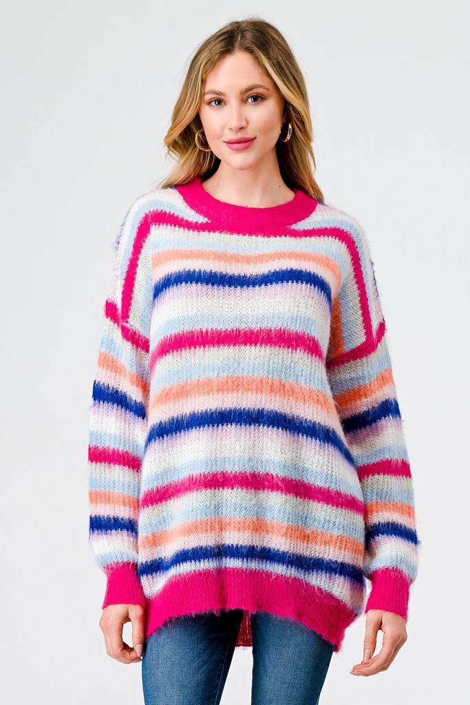 Fuchsia Mix Stripe Knit Long Sleeve Sweater /2-2-2