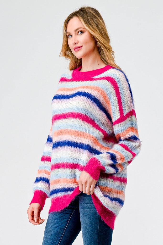 Fuchsia Mix Stripe Knit Long Sleeve Sweater /2-2-2
