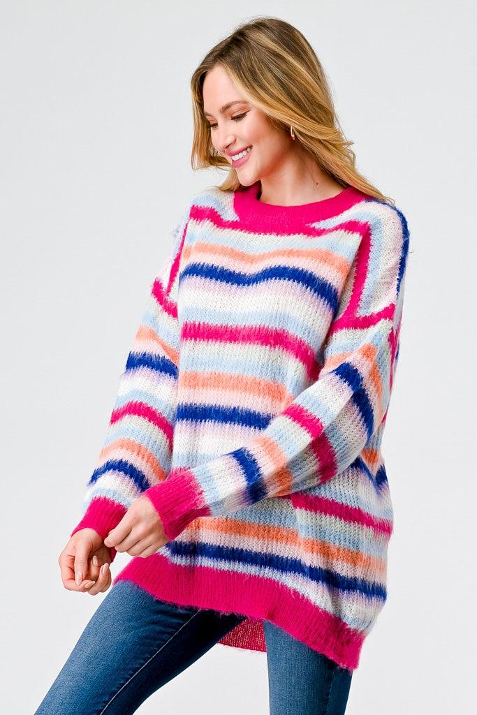 Fuchsia Mix Stripe Knit Long Sleeve Sweater /3-2-2