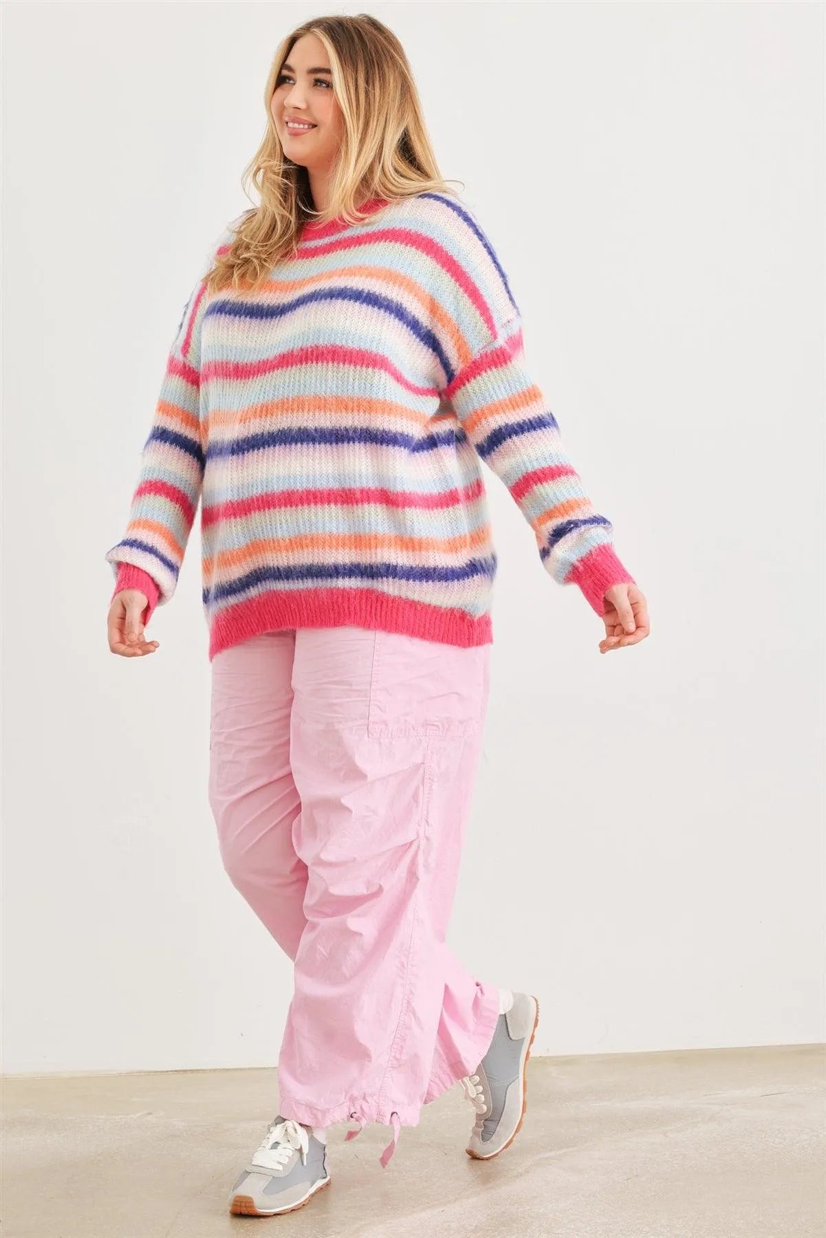 Junior Plus Fuchsia Mix Stripe Knit Long Sleeve Sweater /1-2 - Tasha Apparel Wholesale