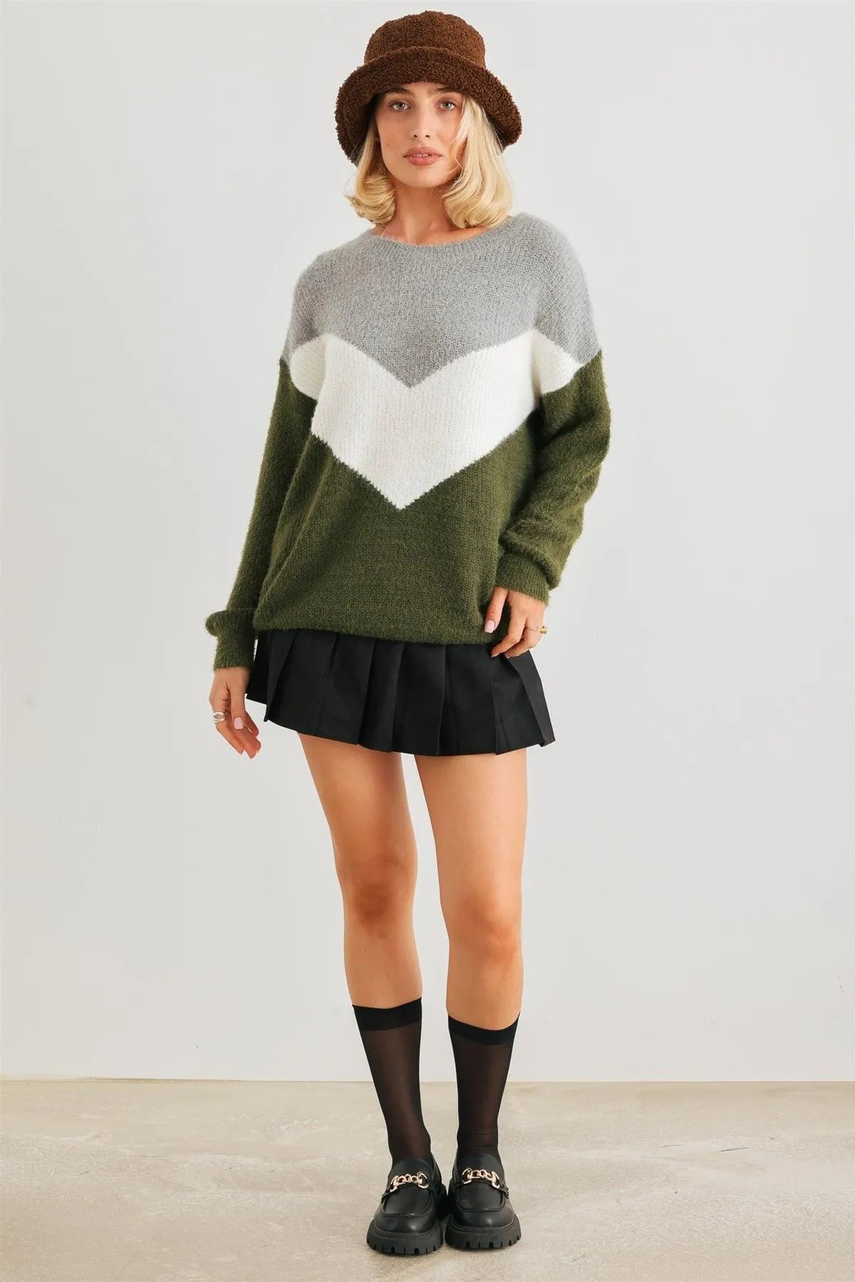 Heather Grey Green Colorblock Fuzzy Knit Long Sleeve Sweater /2-2-2 - Tasha Apparel Wholesale