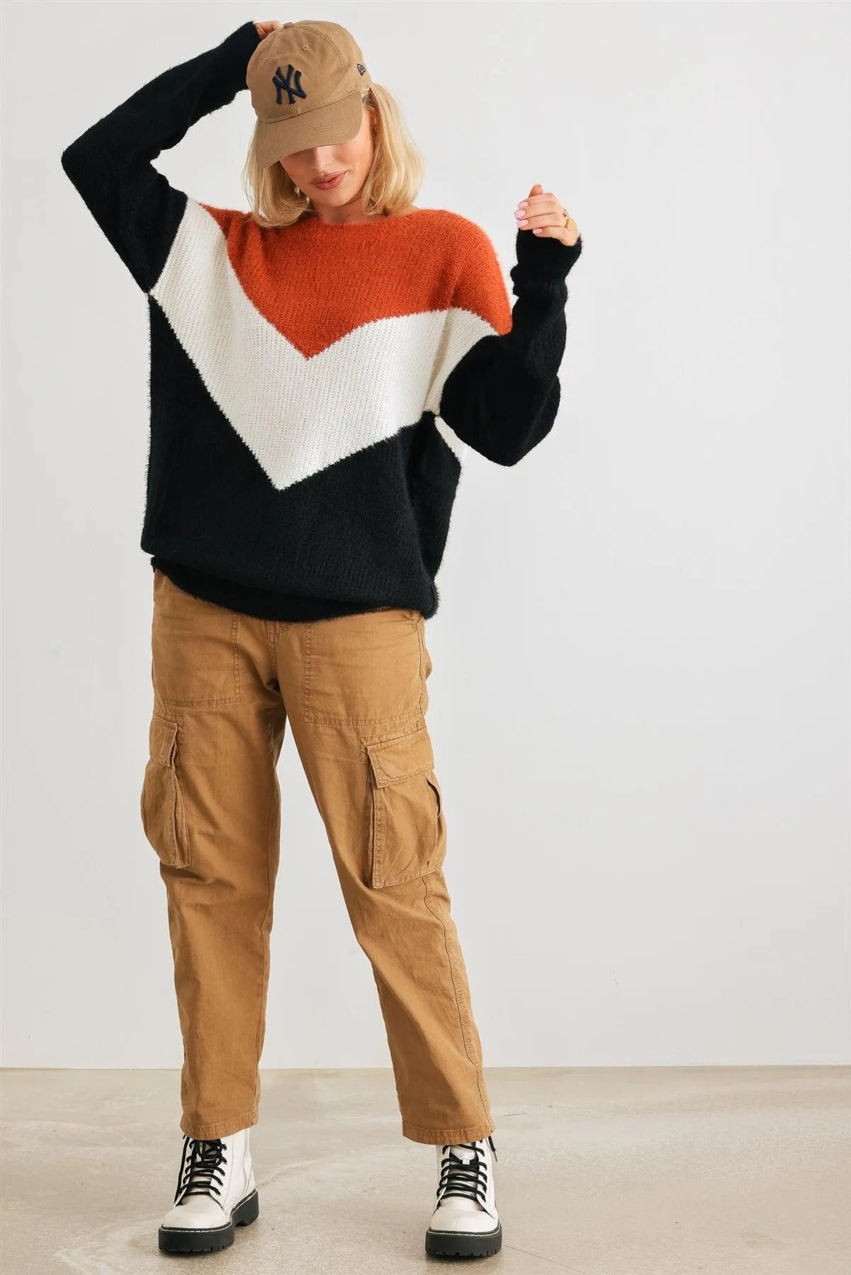 Camel Ivory Black Colorblock Fuzzy Knit Long Sleeve Sweater /2-3-2 - Tasha Apparel Wholesale