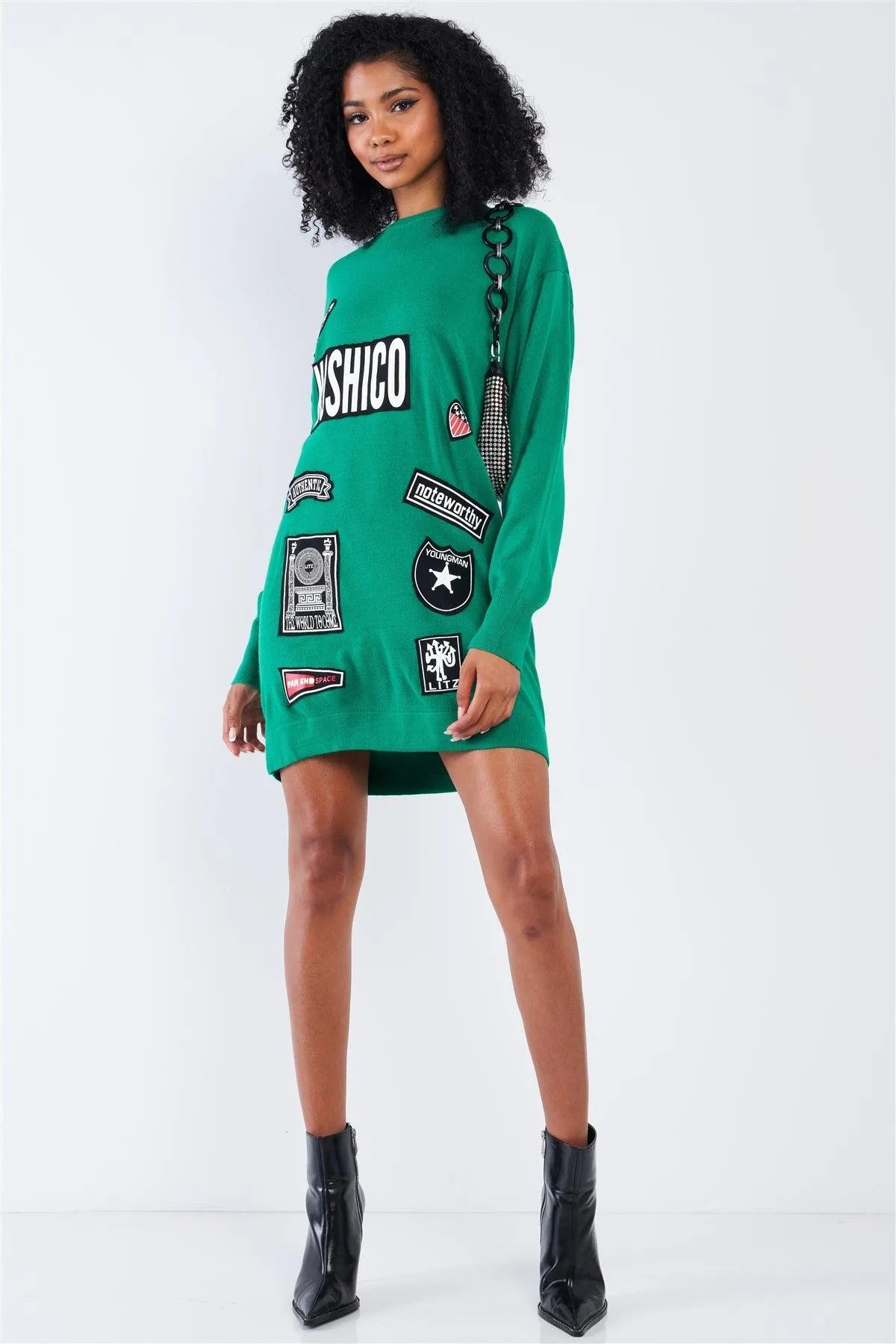 Noteworthy Green Multi Color Patch Loose Fit Crew-Neck Long Sleeve Oversized Tunic Sweater Mini Dress /4-2 - Tasha Apparel Wholesale