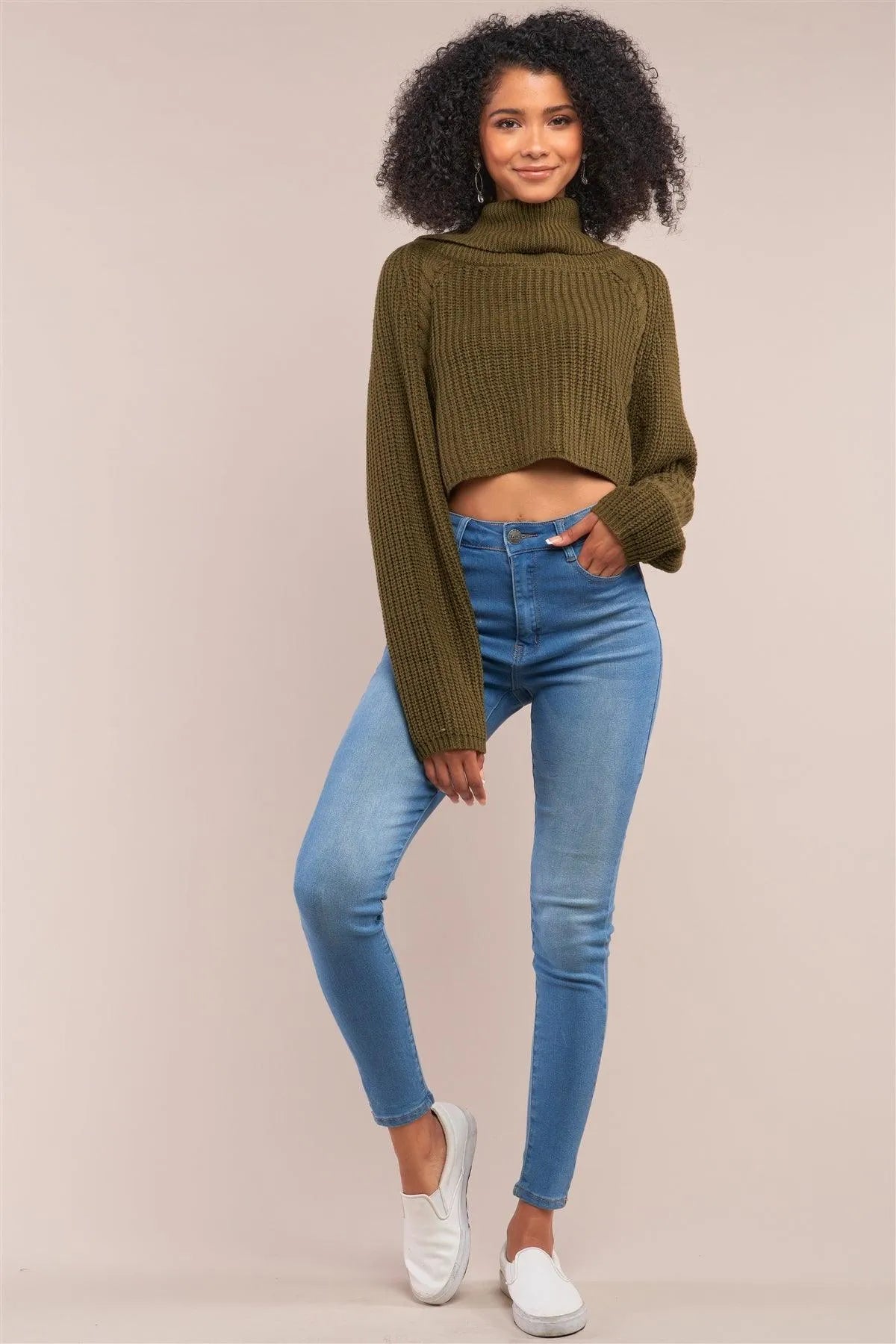 Olive Knit Turtleneck Balloon Sleeve Cropped Sweater /4-2 - Tasha Apparel Wholesale