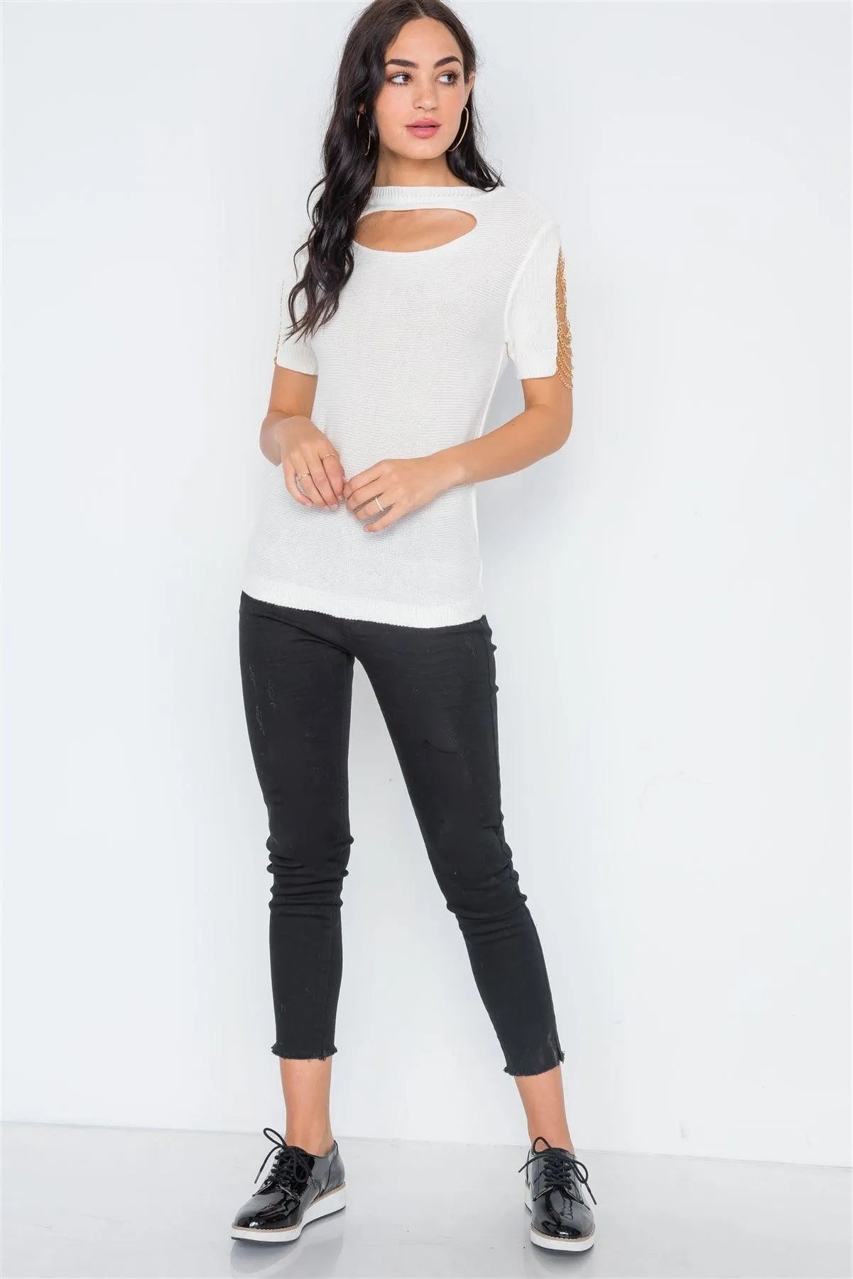 Off White Chain Sleeves Cut Out Knit Top /4-2 - Tasha Apparel Wholesale