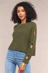 Olive Round Neck Long Cut-Out Detail Sleeve Cable Knit Cropped Sweater