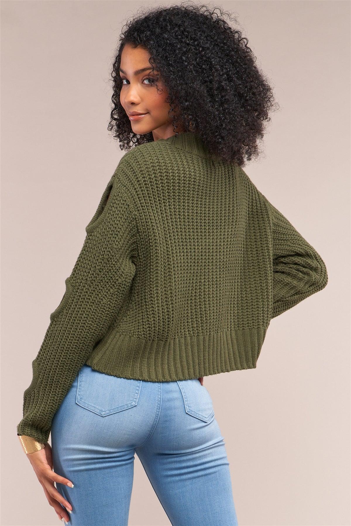 Olive Round Neck Long Cut-Out Detail Sleeve Cable Knit Cropped Sweater