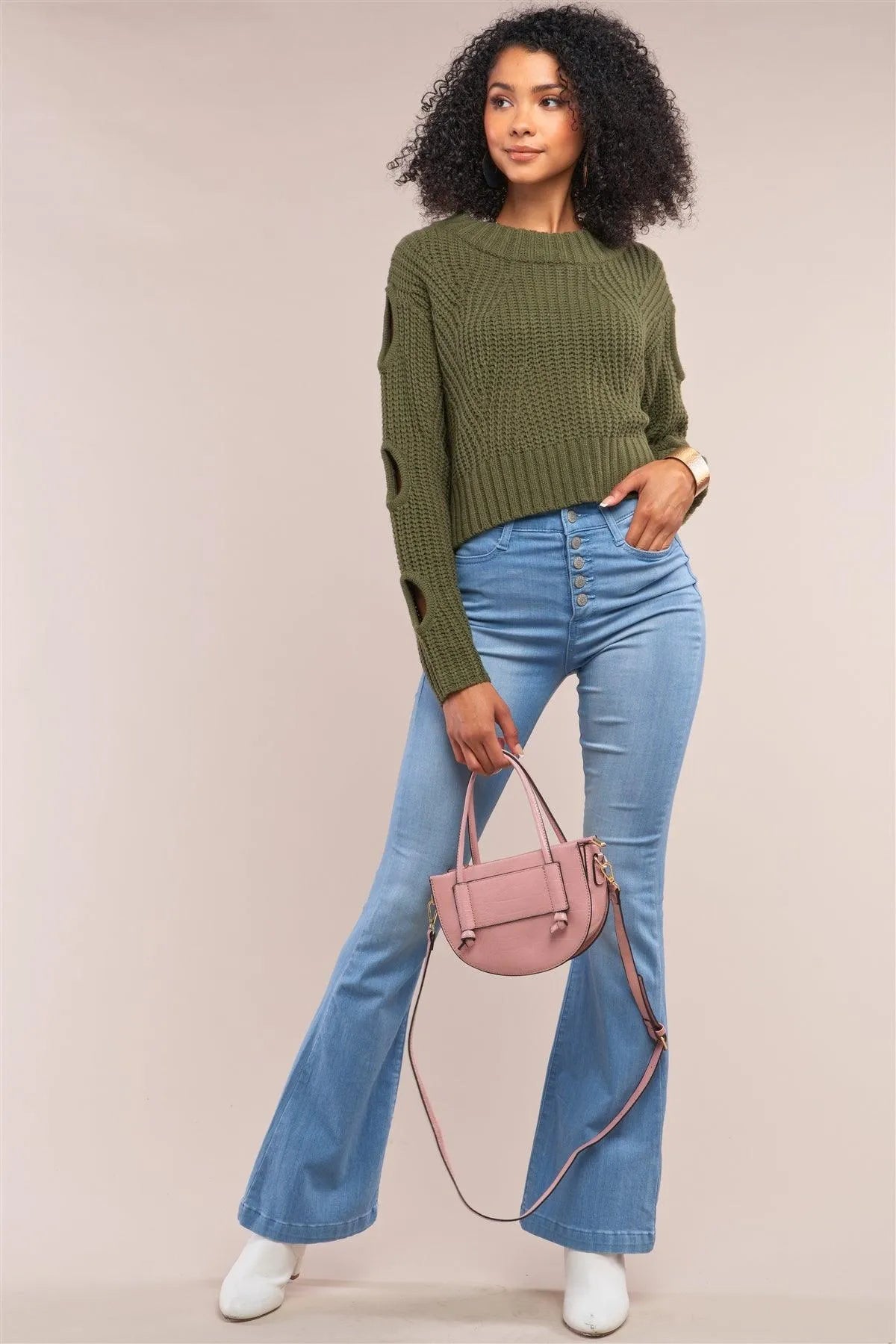 Olive Round Neck Long Cut-Out Detail Sleeve Cable Knit Cropped Sweater - Tasha Apparel Wholesale