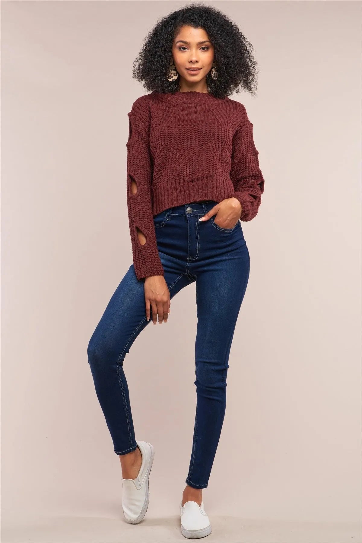 Wine Round Neck Long Cut-Out Detail Sleeve Cable Knit Cropped Sweater - Tasha Apparel Wholesale