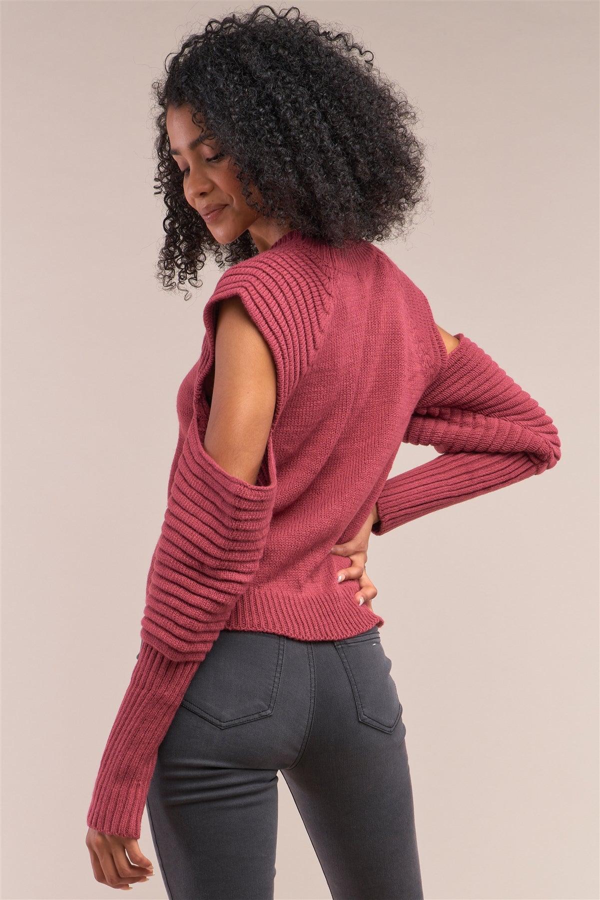 Cranberry Red Knit Ribbed Neck Long Pleated Sleeve Cut-Out Detail Cropped Sweater
