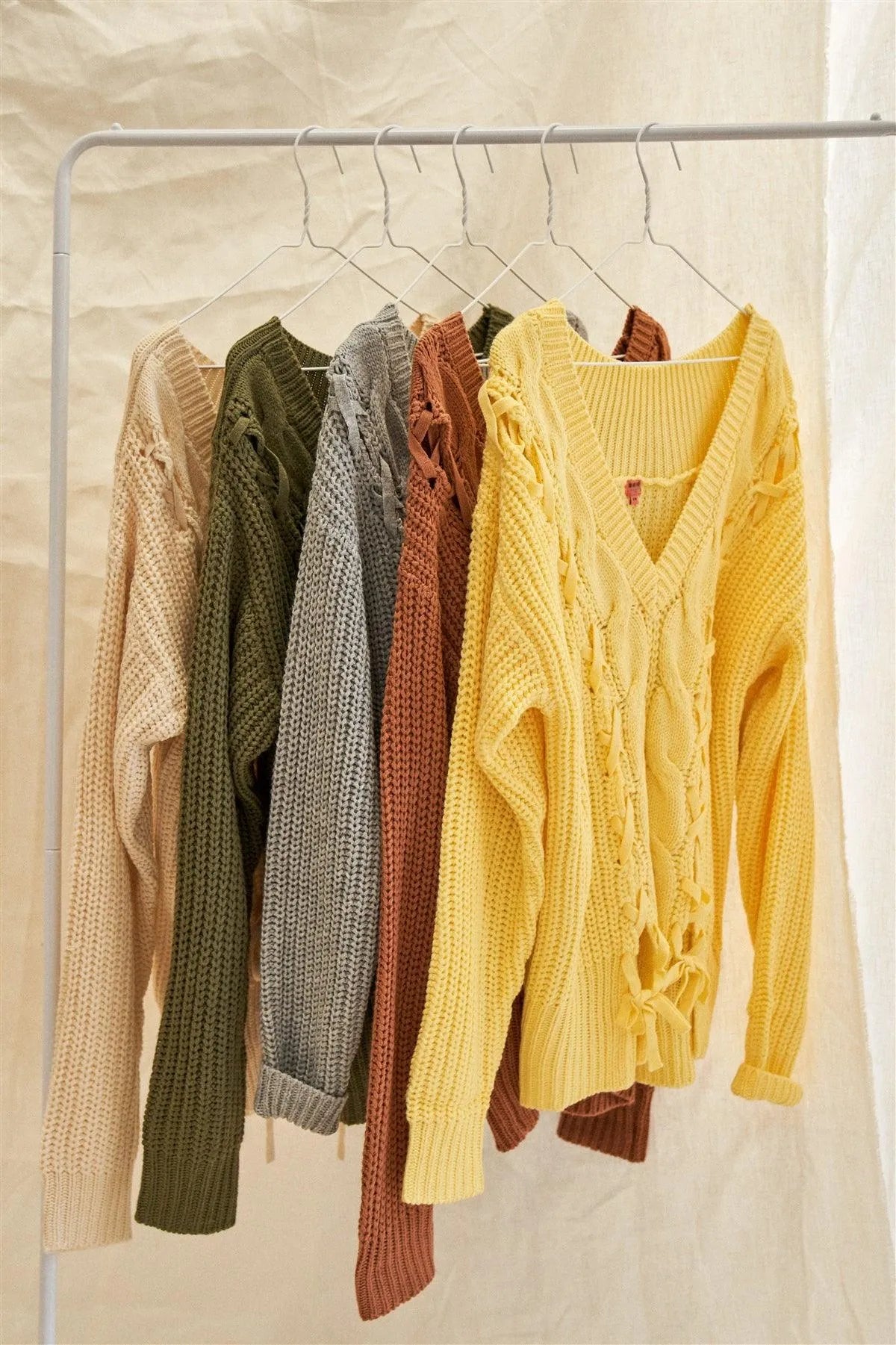 Beige Cable Knit Draw String Self Tie V-Neck Long Sleeve Oversized Sweater - Tasha Apparel Wholesale