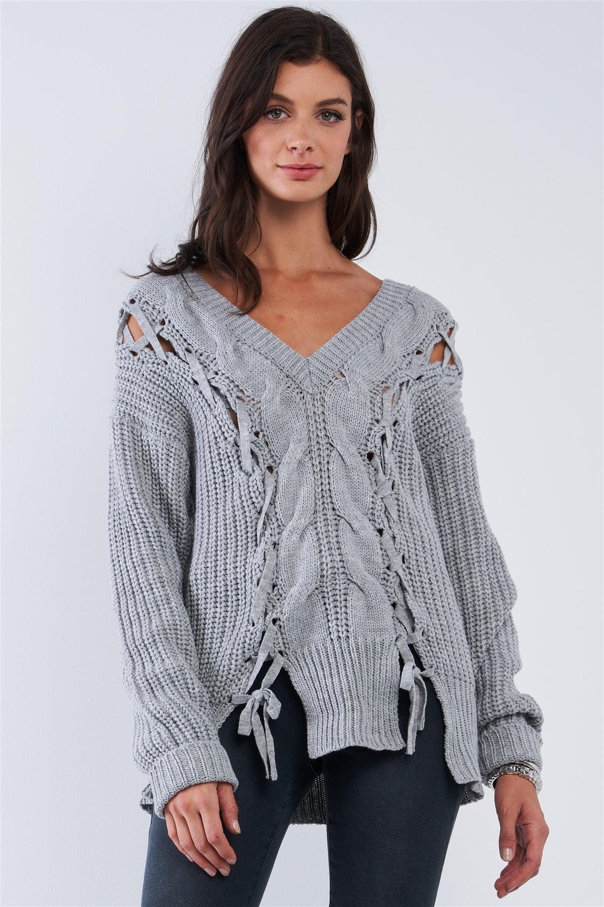 Light Grey Cable Knit Draw String Self Tie V-Neck Long Sleeve Oversized Sweater