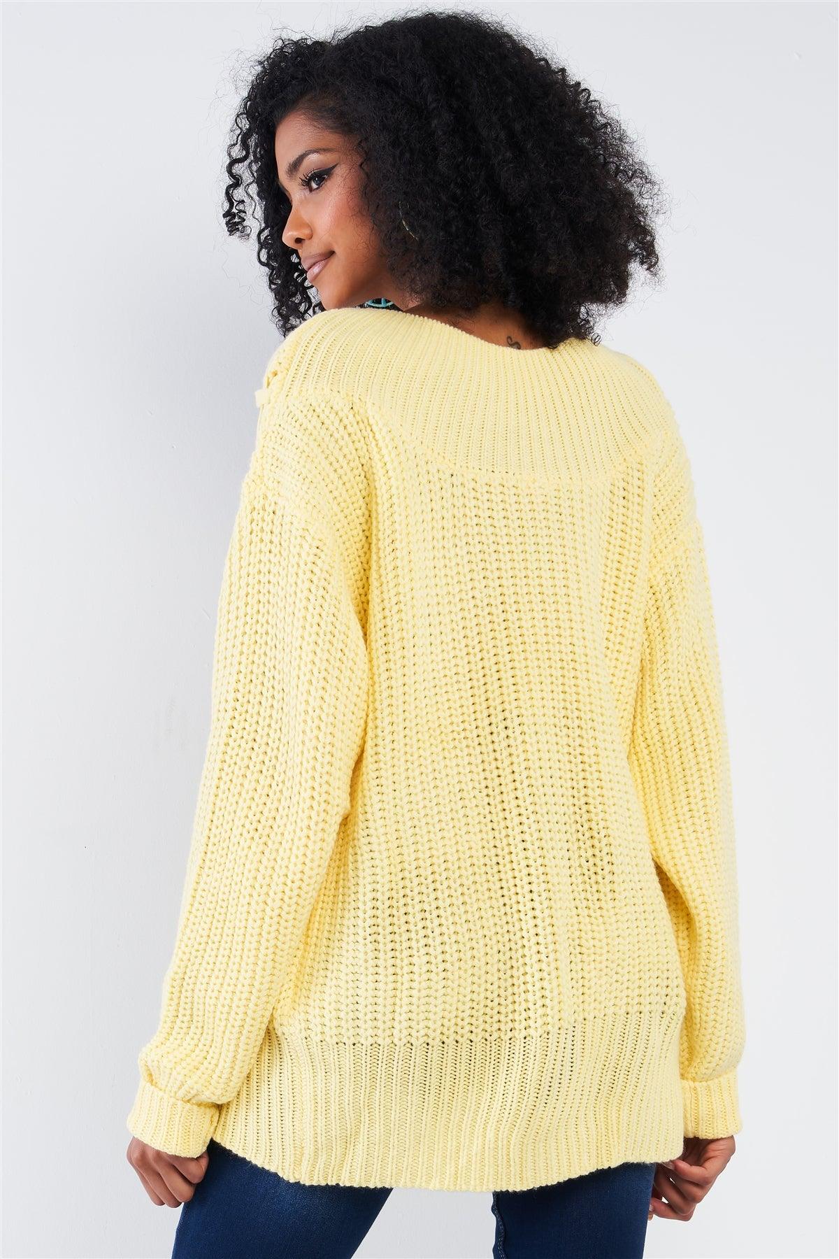 Light Yellow Cable Knit Draw String Self Tie V-Neck Long Sleeve Oversized Sweater