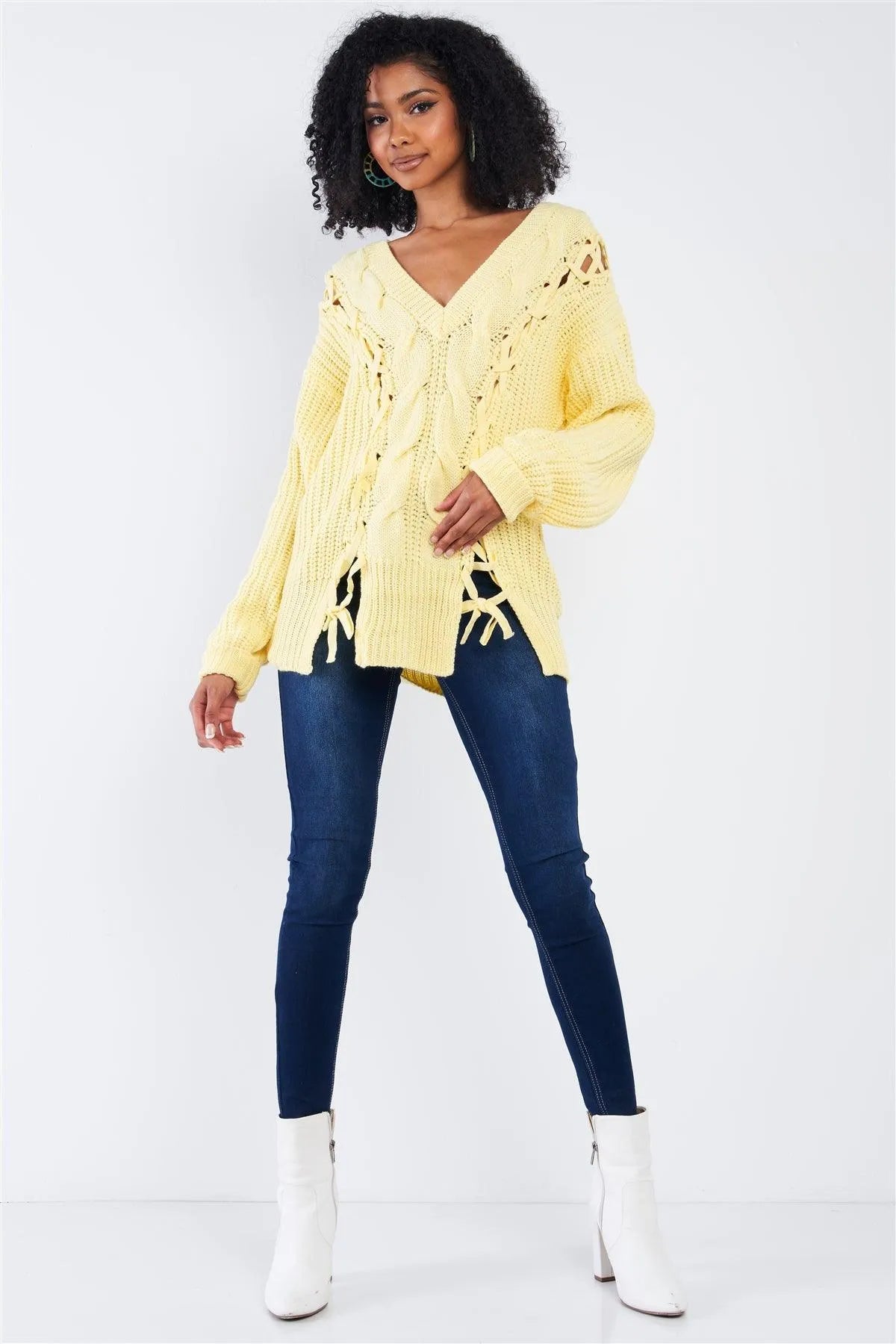 Light Yellow Cable Knit Draw String Self Tie V-Neck Long Sleeve Oversized Sweater - Tasha Apparel Wholesale