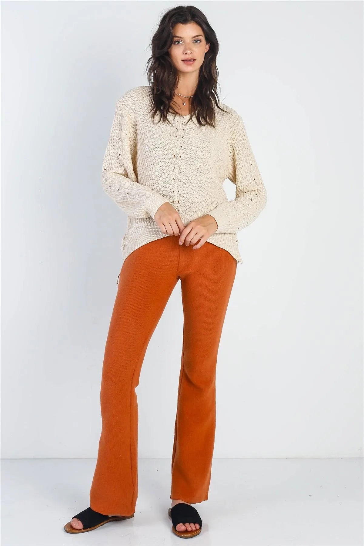 Ivory Zip-Down Detail Long Sleeve Knit Top /4-2 - Tasha Apparel Wholesale