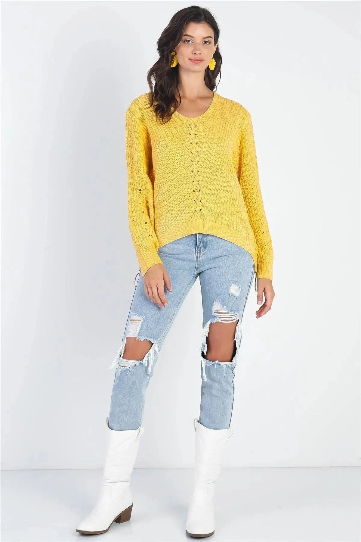 Yellow Knit Zip-Down Long Sleeve Knit Light Sweater Top - Tasha Apparel Wholesale