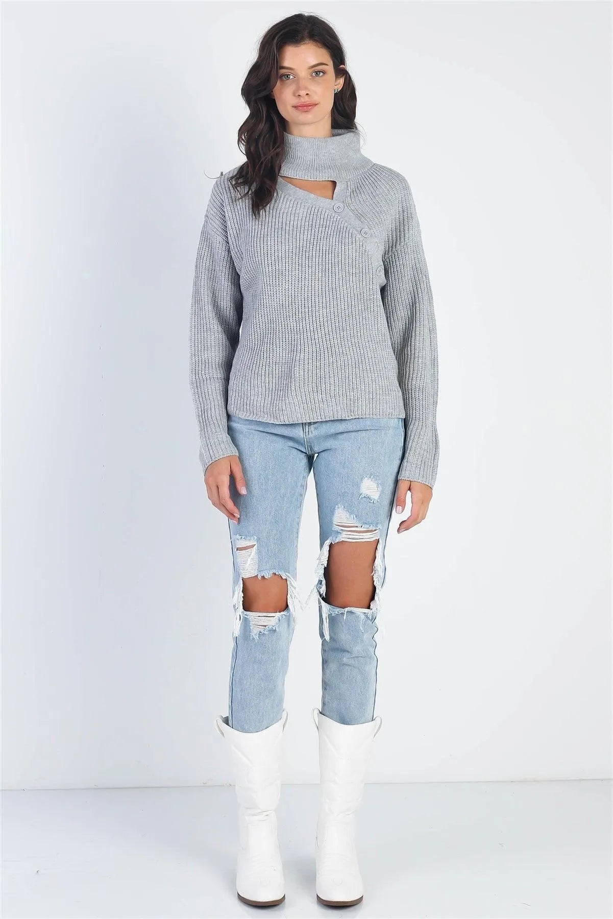 Grey Button Up Turtle Neck Long Sleeve Sweater /5 - Tasha Apparel Wholesale