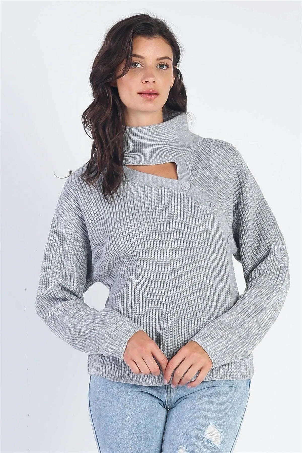 Grey Button Up Turtle Neck Long Sleeve Sweater /4-2 - Tasha Apparel Wholesale