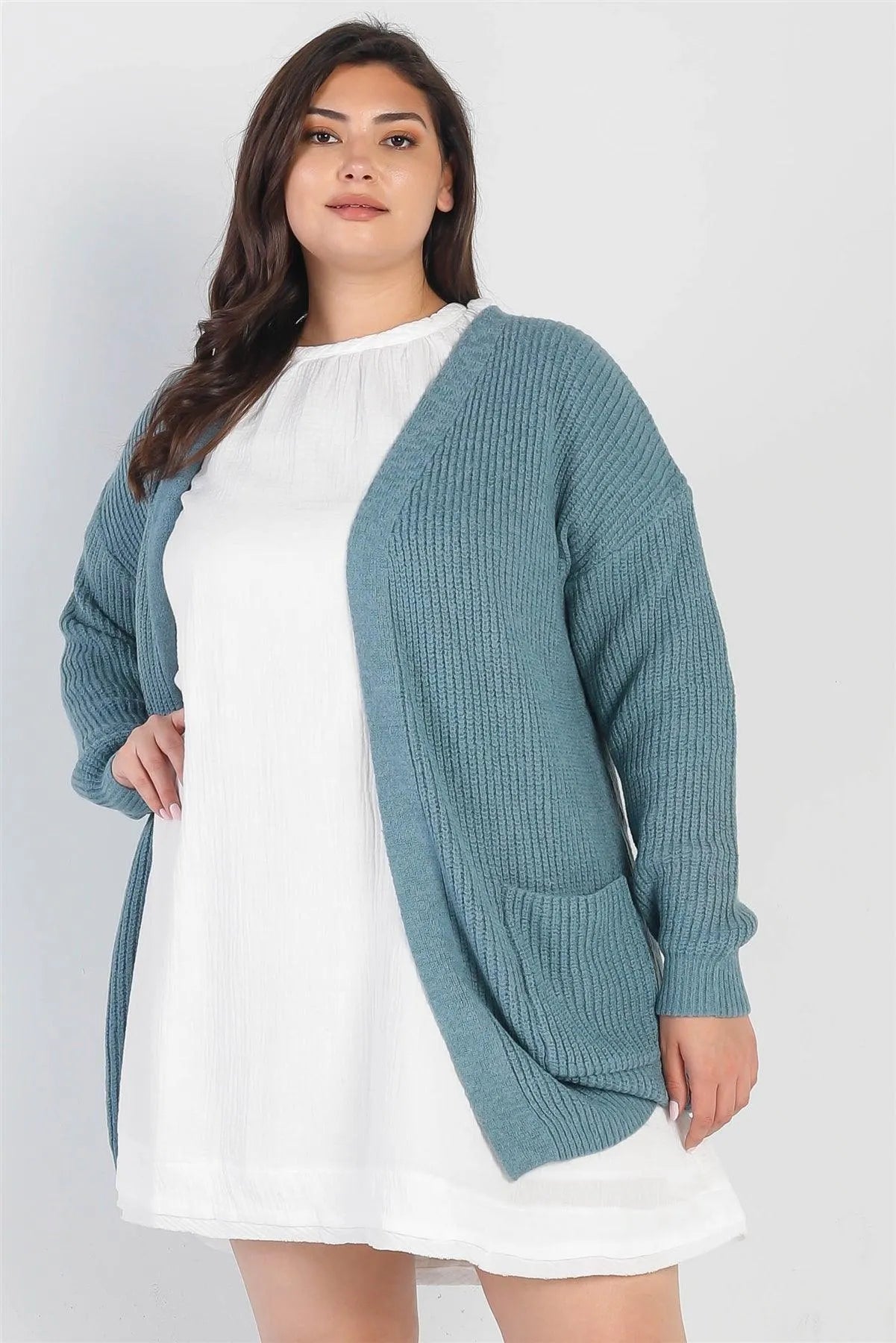 Junior Plus Emerald Blue Knit Open Front Two Pocket Cardigan /2-2-2 - Tasha Apparel Wholesale
