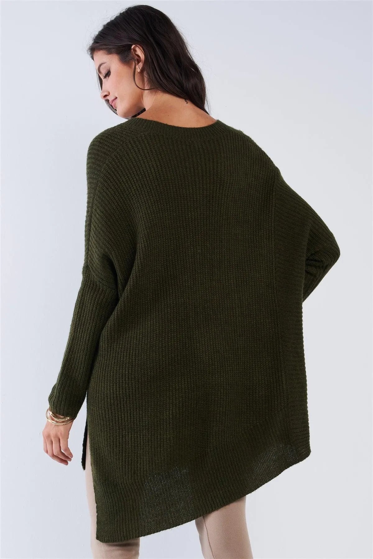 Green V-Neck Oversized Long Sleeve Gold Zipper Knit Top - Tasha Apparel Wholesale